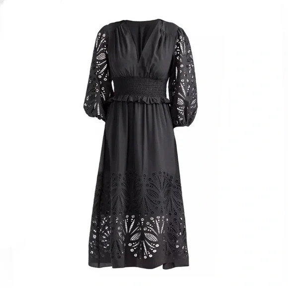 NWT Shoshanna Ari Laser Cut Midi Eyelet Dress Black Size 2 - Picture 3 of 16